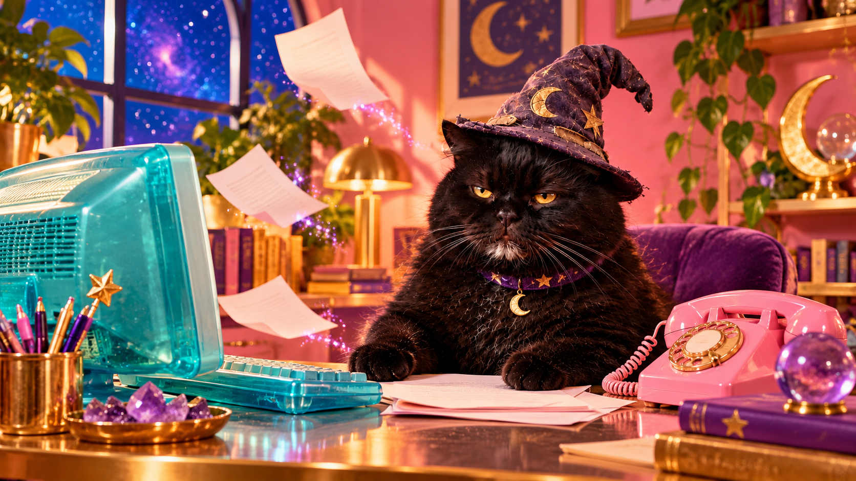 Ancient Fat Wizard Cat at a colorful newsroom desk with an aqua computer, a pink phone and floating magical papers.