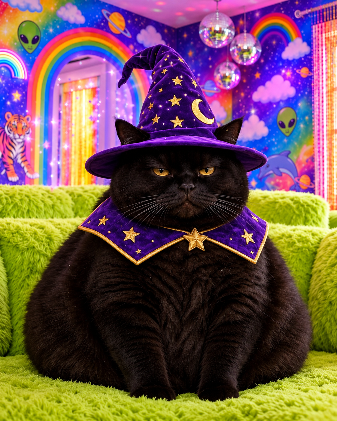 Ancient Fat Wizard Cat with open, droopy golden eyes, a purple moon-and-star wizard hat, and a broad starry collar, seated on a lime-green sofa in his colorful cosmic room.