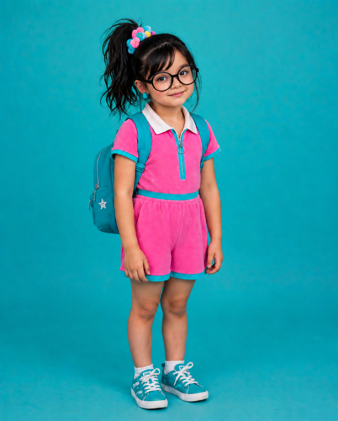 Little Professor in her signature pink romper with teal trim, round black glasses, teal backpack, and teal sneakers against a turquoise background.