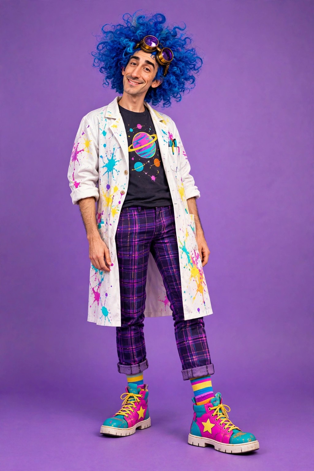 The Mad Professor with wild cobalt-blue curls, purple goggles, a paint-splattered lab coat, and colorful boots against a purple background.