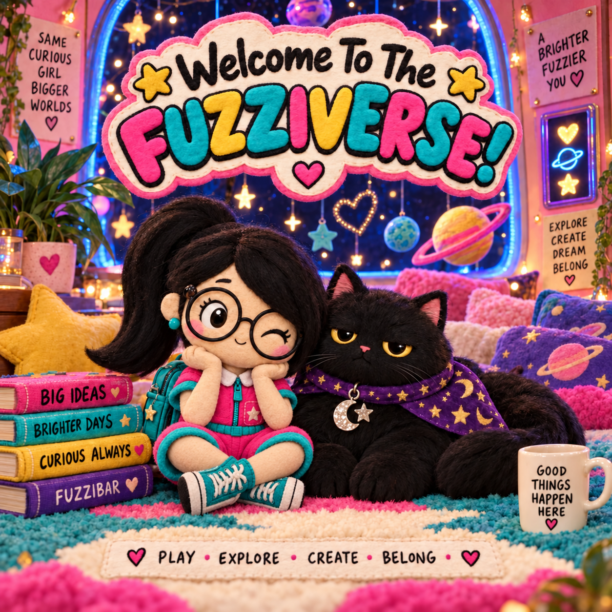 Little Professor and Ancient Fat Wizard Cat welcome curious explorers to the FUZZIVERSE from their colorful cosmic hideaway.