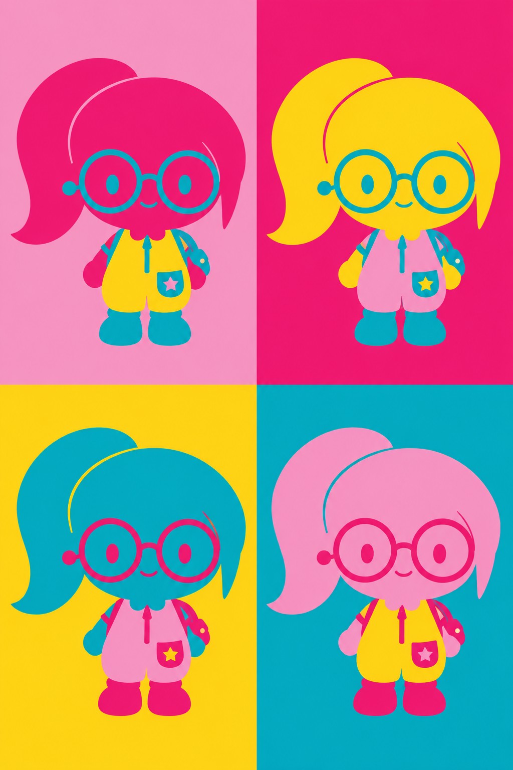 Four-panel Little Professor silhouette print, with her signature ponytail and round glasses in hot pink, bubblegum pink, turquoise, and golden yellow.