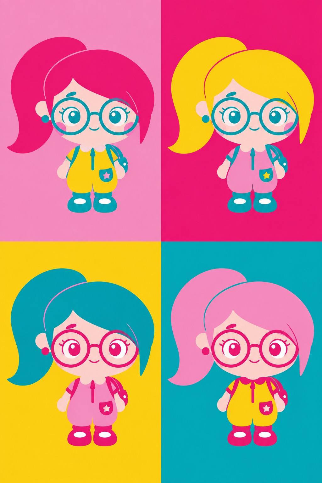 Four-panel Little Professor pop art with big round glasses, a side ponytail, and a backpack in pink, turquoise, and golden yellow.